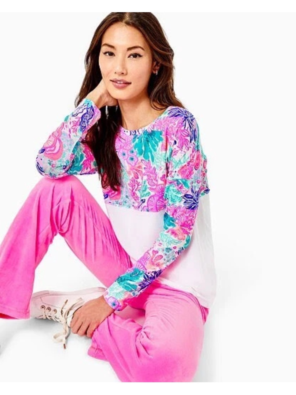 Lilly Pulitzer Women's Finn Top Seaside Carnivale Long Sleeve Pink White, Small